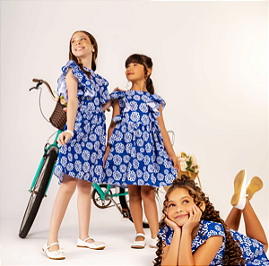 Vestido Feminino Infantil Crepe Azul Com Branco
