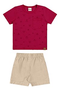 Conjunto Masculino Infantil Camiseta Vermelha e Bermuda Bege - Ref 221640 - Elian