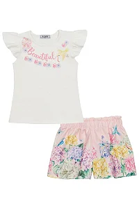 Conjunto Feminino Infantil Blusa Off Com Flor e Short Rosa Claro Florido - Kukie - Ref 86313