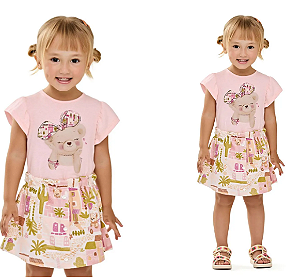 Conjunto Infantil Menina Manga Curta Ursinha e Saia Short - Elian - Ref 232189