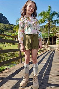 Conjunto Feminino Infantil Manga Longa com Shorts Kukie -Estampado/Verde REF63459
