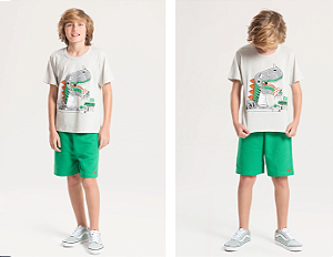 Conjunto Masculino Infantil - Dinossauro - Camiseta Cinza e Bermuda Verde