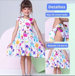 Vestido Infantil Menina Estampado  Rodado - Colorido Para Festa