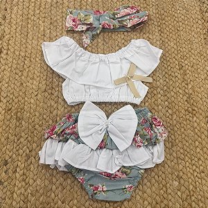 Conjunto Banho de Sol Bebê Menina Croped e Tapa Fralda Com Laço e Tiara - Bilu Teteia