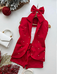 Conjunto Feminino Infantil - Colete com Perolas e Short Alfaiataria - Vermelho