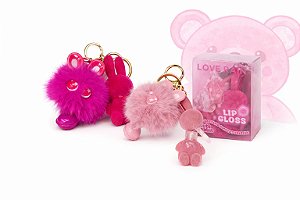 Lip Gloss Urso Rosa + Lips Chaveiro Pompom Com Chocoalho - Love Rain - Cute Rabbit