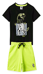 Conjunto Masculino Infantil Camiseta Preta Dinossauro e Bermuda Moleton Verde Neon