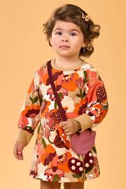 Vestido Infantil Moletinho Manga Longa Floral Com Bolsa - Elian Laranja - Ref 232107