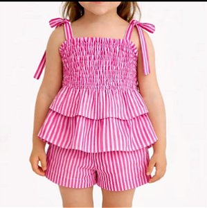 Conjunto Infantil Menina - Listrado Rosa - Com Blusa Latex e Babados e Short