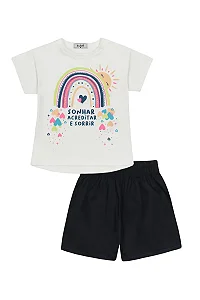 Conjunto Femenino Infantil Primeiros Passos Blusa Branco Arco-Iris e Shrot Azul - Ref 86261