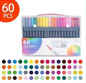 Canetinha Brush Pen - Kit Com 60 Cores - com Ponta Dupla Pincel e Ponta Fina