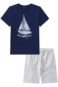 Conjunto Masculino Infantil de Camiseta em Malha Flamê e Bermuda LucBoo -Azul/Cinza REF52594