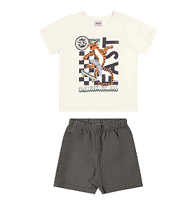 Conjunto Infantil Menino Manga Curta Estampado - Elian - Off/Cinza - Ref 221618