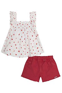 Conjunto Feminino Infantil de Bata em Tecido e Shorts em Sarja Infanti -Branco/Vermelho REF60546