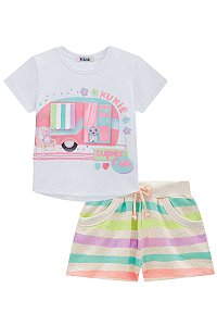 Conjunto Feminino Infantil de Blusa e Shorts Comfy Kukie -Branco/Colorido REF60777