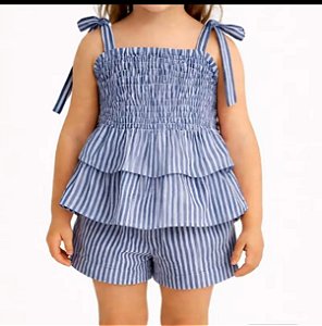 Conjunto Infantil Menina - Listrado Azul - Com Blusa Latex e Babados e Short
