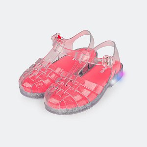 Sandália de Led Infantil Pampili Full Plastic Valen Transparente com Glitter e Pink REF703001
