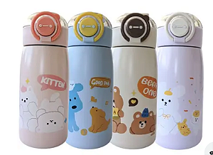 Garrafa Térmica Infantil - Garrafinha com Canudo 470ml - com Alça e Trava Botão para Abrir