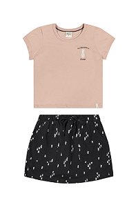 Conjunto Feminino Infantil Manga Curta Salmão\Preto - Ref 251818