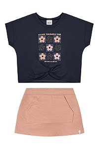 Conjunto Feminino Croped Blusa Azul Flor  e Short Saia Salmão - Elian - Ref 251911