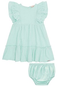 Vestido Infantil e Tapa Fralda em Tecido Enrugado Infanti -Verde Agua REF60530
