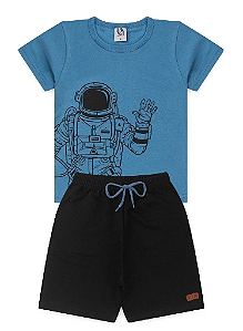 Conjunto Masculino Infantil Camiseta Azul Astronauta e Bermuda Moletinho Preta -