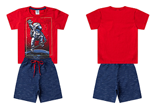 Conjunto Masculino Infantil Camiseta Azul Vermelha e Bermuda Moletinho Azul