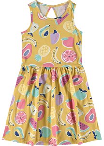 Vestido Infantil Manga Curta Evasê em Meia Malha -Amarelo Estampado REF101491