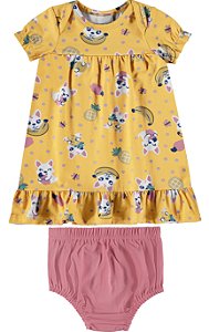 Vestido Infantil Manga Curta em Cotton Malwee - Amarelo Cachorrinhos REF101877