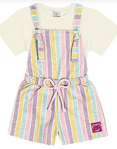 Conjunto Infantil Feminino Blusa Off E Jardineira Listrada Colorida - Abrange - Ref 11968