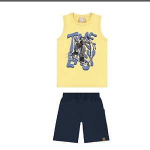 Conjunto Infantil Menino Regata Estampa Frontal Amarelo Em Algodão e Bermuda Moletinho Preta - Malwee Kids - REf 128230