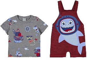 Conjunto Masculino Infantil Camiseta+Jardineira Malwee -Vermelho/Cinza REF101901