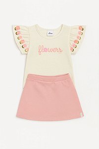 Conjunto Feminino Infantil Blusa Bege com detalhe Flor na Manga e Short Saia Rosa - Elian - Ref 232173