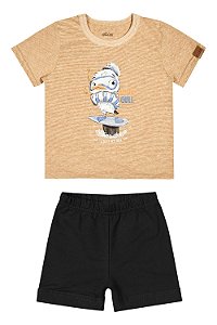 Conjunto Masculino Infantil Camiseta Mc Pato Bege e Short Moletinho Preto - Elian - Ref 201294
