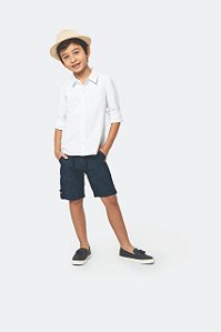 Camisa Masculina Infantil Manga Longa em Tecido Maquinetado Carinhoso -Branco/Azul REF99725