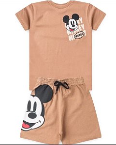 Conjunto Masculino Infantil Camiseta Bege Mickey e Bermuda Moletinho - Mickey Disney