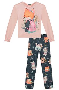 Conjunto Feminino Infantil Manga Longa em Molecotton Kukie -Rose Estampado REF62974