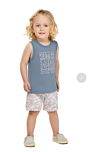 Conjunto Infantil Menino Com Regata e Bermuda Tropical - Elian - Azul / Off Estampado - Ref 221597