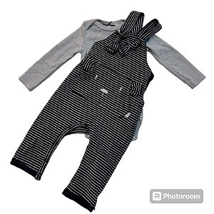Jardineira Longa Preto e Cinza + Body Manga Longa Canelado Cinza - Luc.Boo - Ref 45699