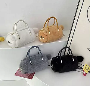 Bolsa Feminina Infantil Transversal/Bolsa de Mão Portátil com Estampa Fofa de Gato