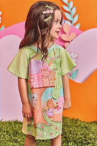 Vestido Feminino Infantil Verde Neon Meia Malha Ref - 75329 - Kukie