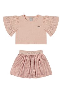 Conjunto Infantil Feminino blusa Meia Malha e Saia Brilho Lurex Colorittá Salmão - Ref 73191