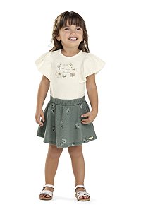 Conjunto Feminino Infantil Blusa Com Detalhe Flor e Saia com Short Embaixo - Coloritta - Ref 73320