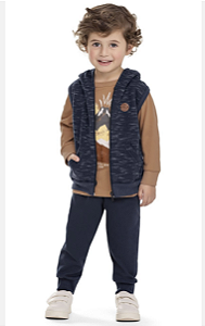 Conjunto Abrigo Masculino Infantil Camiseta Manga LOnga Fina e Colete com Ziper e Capuz MOleton e Calça de Moleton - Elian - Ref 221696