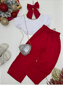 Conjunto Feminino Infantil - de Croped Branco com Brilho e Calça Pantalona Vermelha