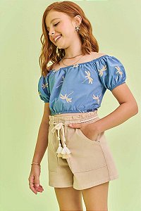 Conjunto De Blusa Cropped em Chambray e Shorts em Sarja com Elastano - Ref 77770 - Vic&Vicky