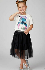 Conjunto Infantil Feminino Blusa Box Stitch e Saia De Tule Preta - Disney Stitch
