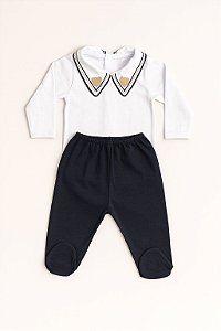 Conjunto Bebe Menino Com Body Gola Bordada e Mijão Com Pezinho - Bilu Teteia