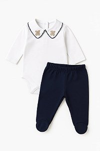 Conjunto Bebe Menino Com Body Gola Bordada e Mijão Com Pezinho - Bilu Teteia