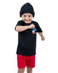 Conjunto Menino Camiseta Preta Com Estampa do Sonic e Bermuda De Moletinho Vermelha
